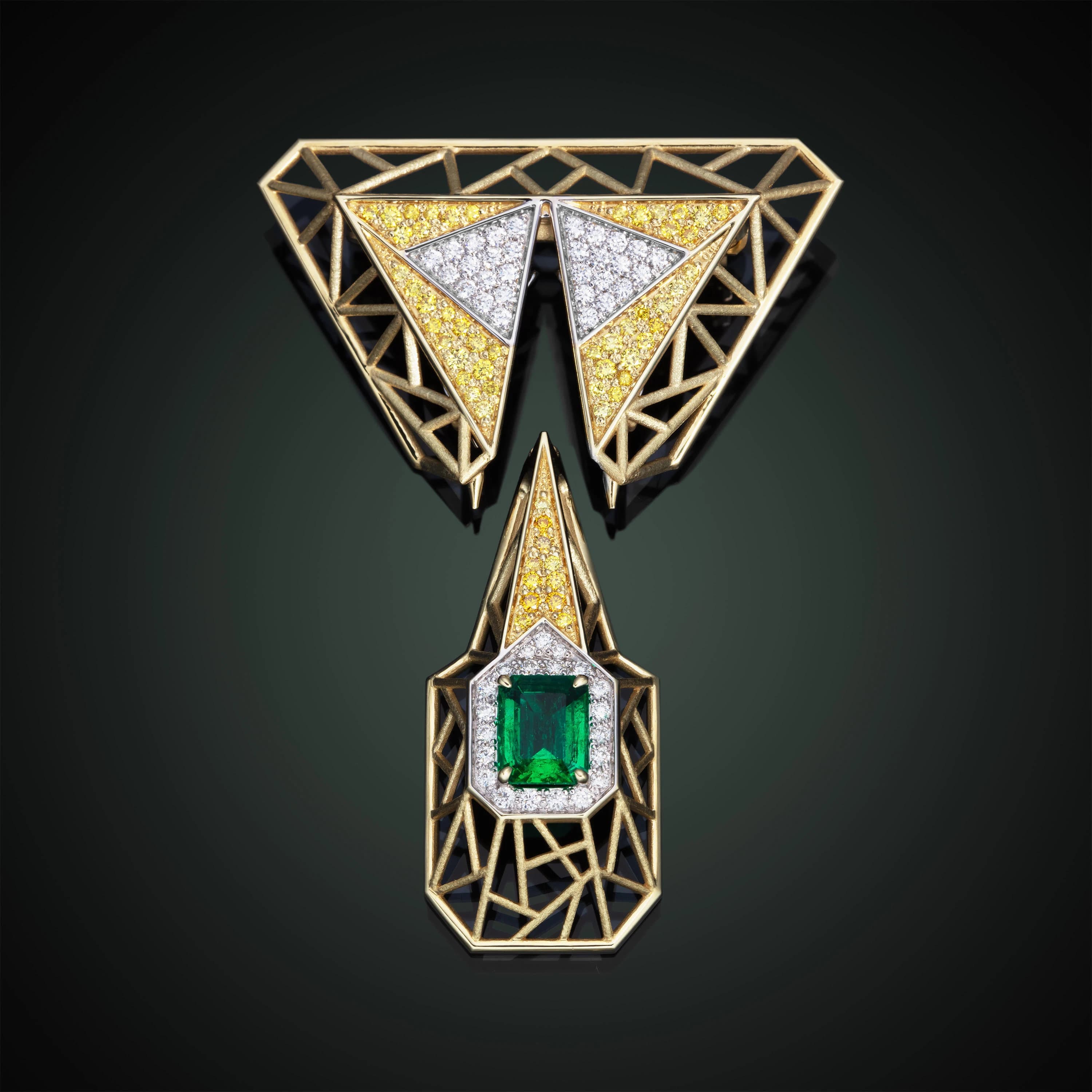 Gold brooch with a Colombian emerald and diamonds in a geometric design