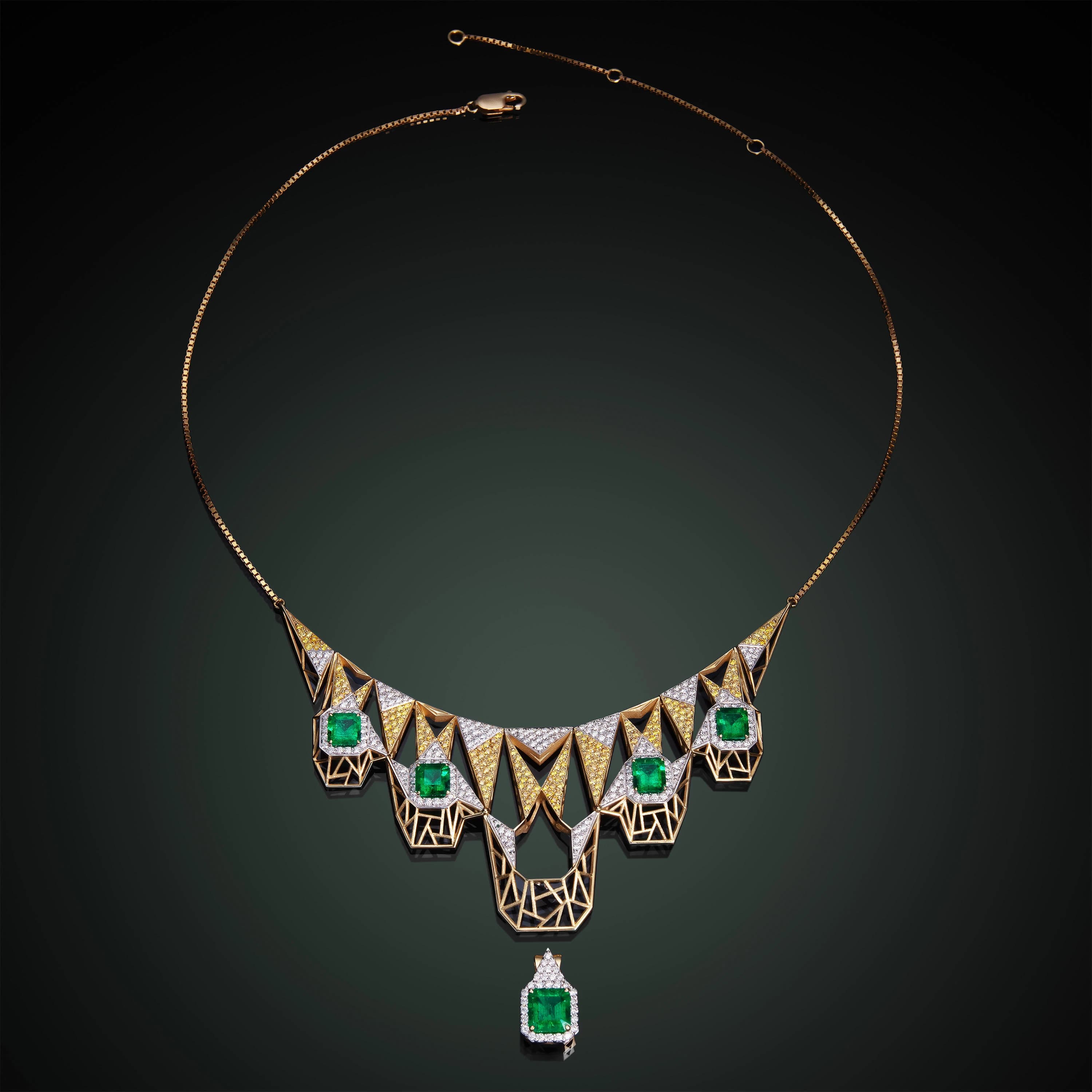 Gold necklace with five Colombian emeralds and diamonds