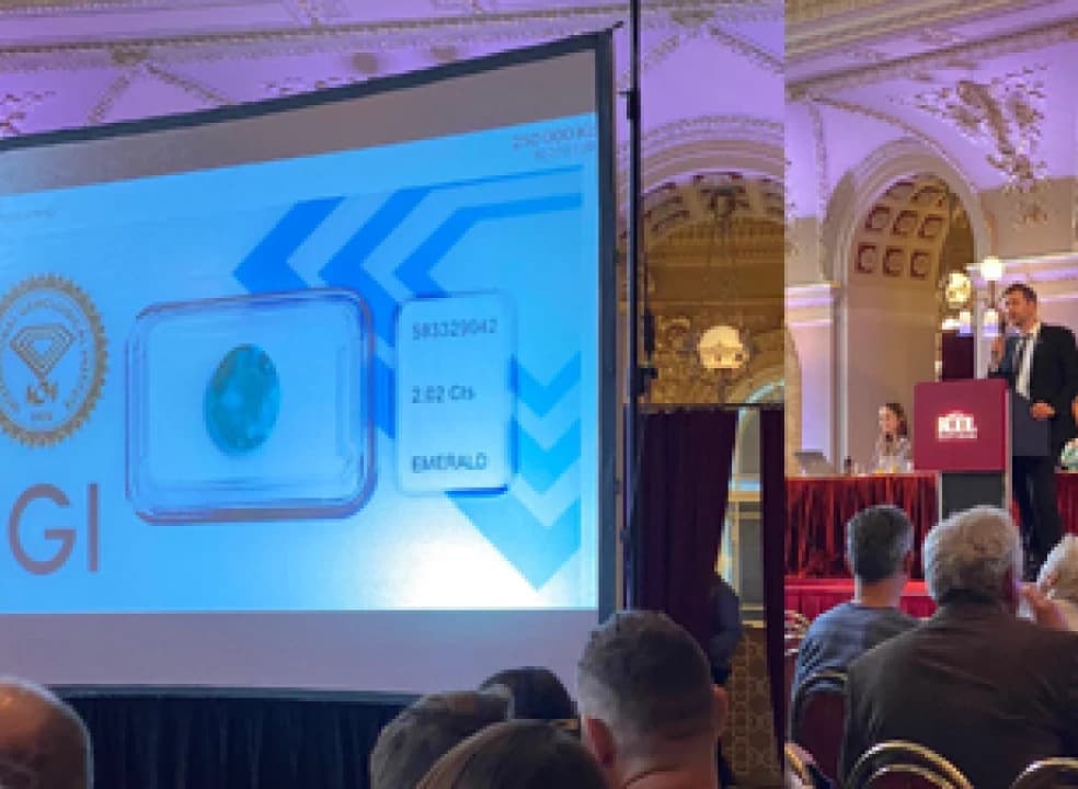 Dražený kolumbijský smaragd s certifikátem IGI na plátně v aukčním sále
